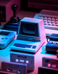 A collection of vintage computers and gadgets